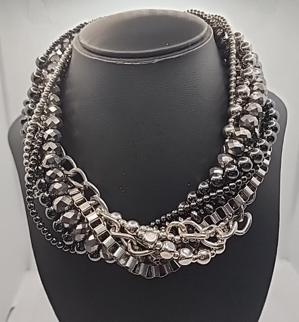 Brutalist Statement Collar Layered Silver Tone Ch… - image 1