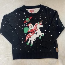 Tipsy Elves Ugly Christmas Sweater Unisex XL Santa Riding Space Unicorn Black