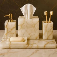 white Agate Bathroom Set – Tissue Box, Soap Dispenser & case , Brush Holder,tray