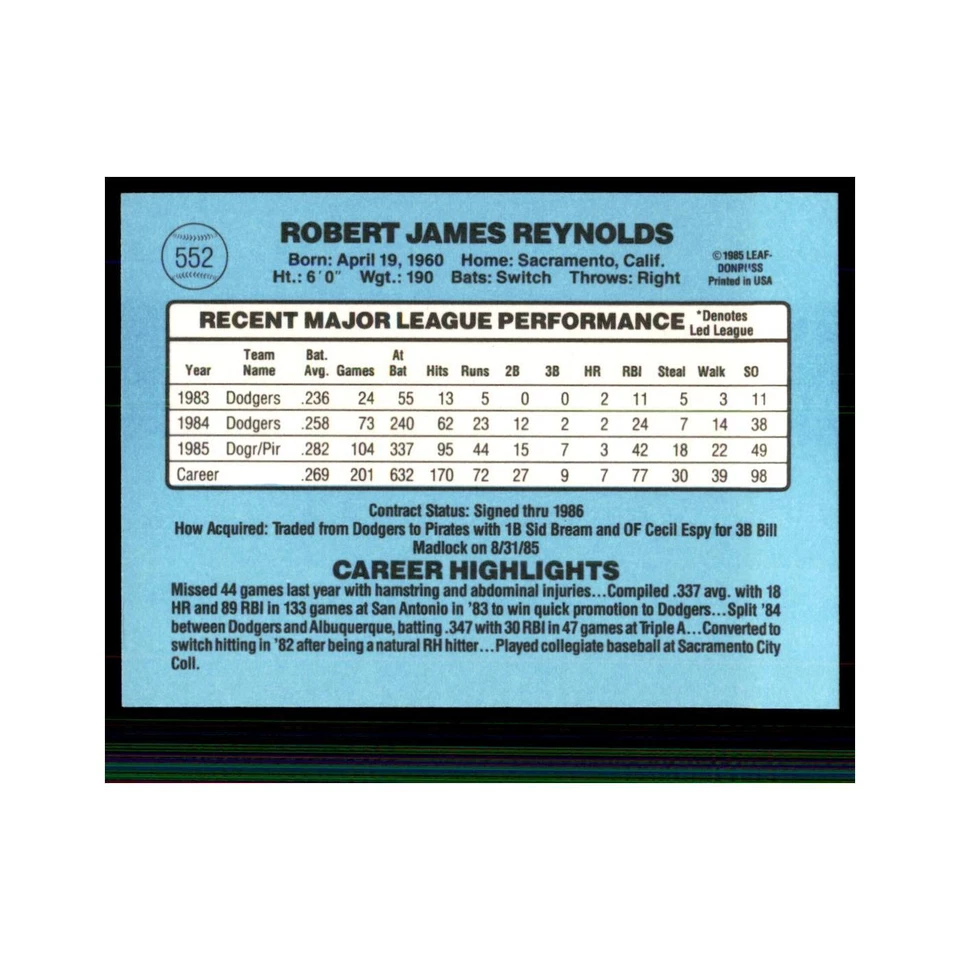 1986 Donruss R.J. Reynolds Pirates #552 - Image 2 of 3