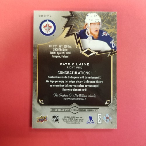 Reliquias de triple diamante Patrik Laine 2018-19 cubierta superior diamante negro 1/1 - Imagen 2 de 2