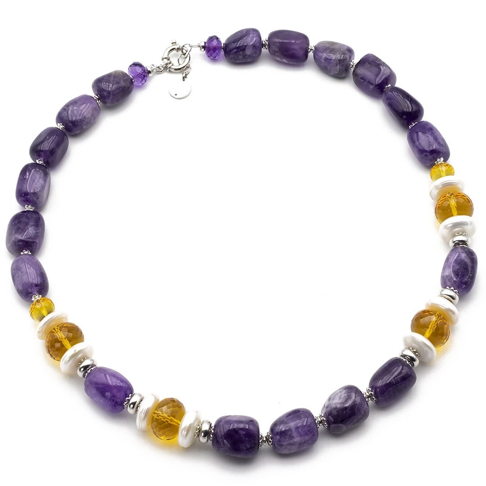 Collana in Ametista Citrino Perle pietre dure e argento 925 girocollo da donna - Immagine 2 di 4