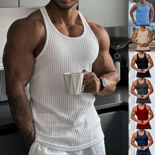 US Men Solid Bodybuilding Tank Tops Vest Slim Training Workout Gym Muscle Tee US