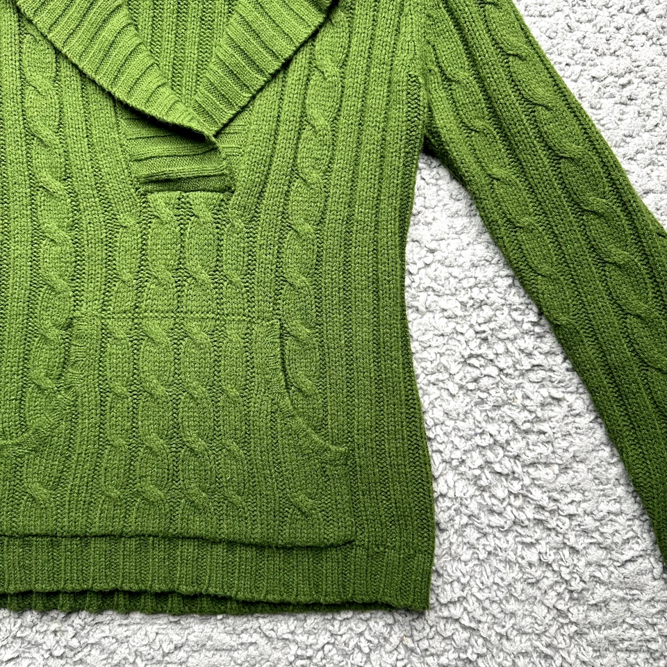 Suéter Pullover Cabeza de Pato Mujer Pequeño Verde Tejido con Cable Cuello en V Bolsillo Canguro Foto 2 de 4