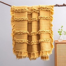 Ultra Soft Pre-Washed Warm Quilted Throw Blanket, Ruffle Fringed Yellow Boho ...