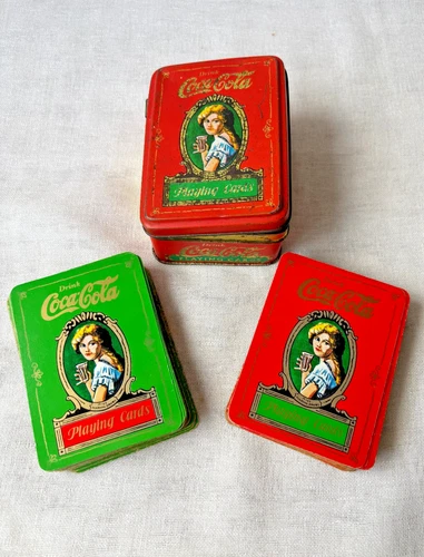 Vintage 1970s-1980s Coca Cola Tin 2 x Decks Playing Cards Red & Green Full Sets