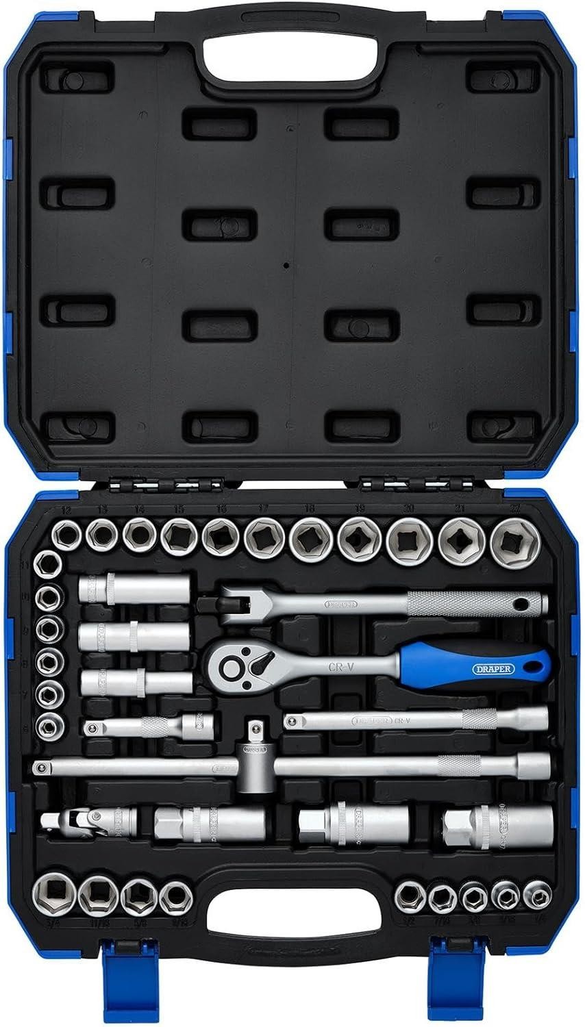 Draper 39pc 3/8 Drive Socket Set MM AF Metric Imperial Ratchet Set