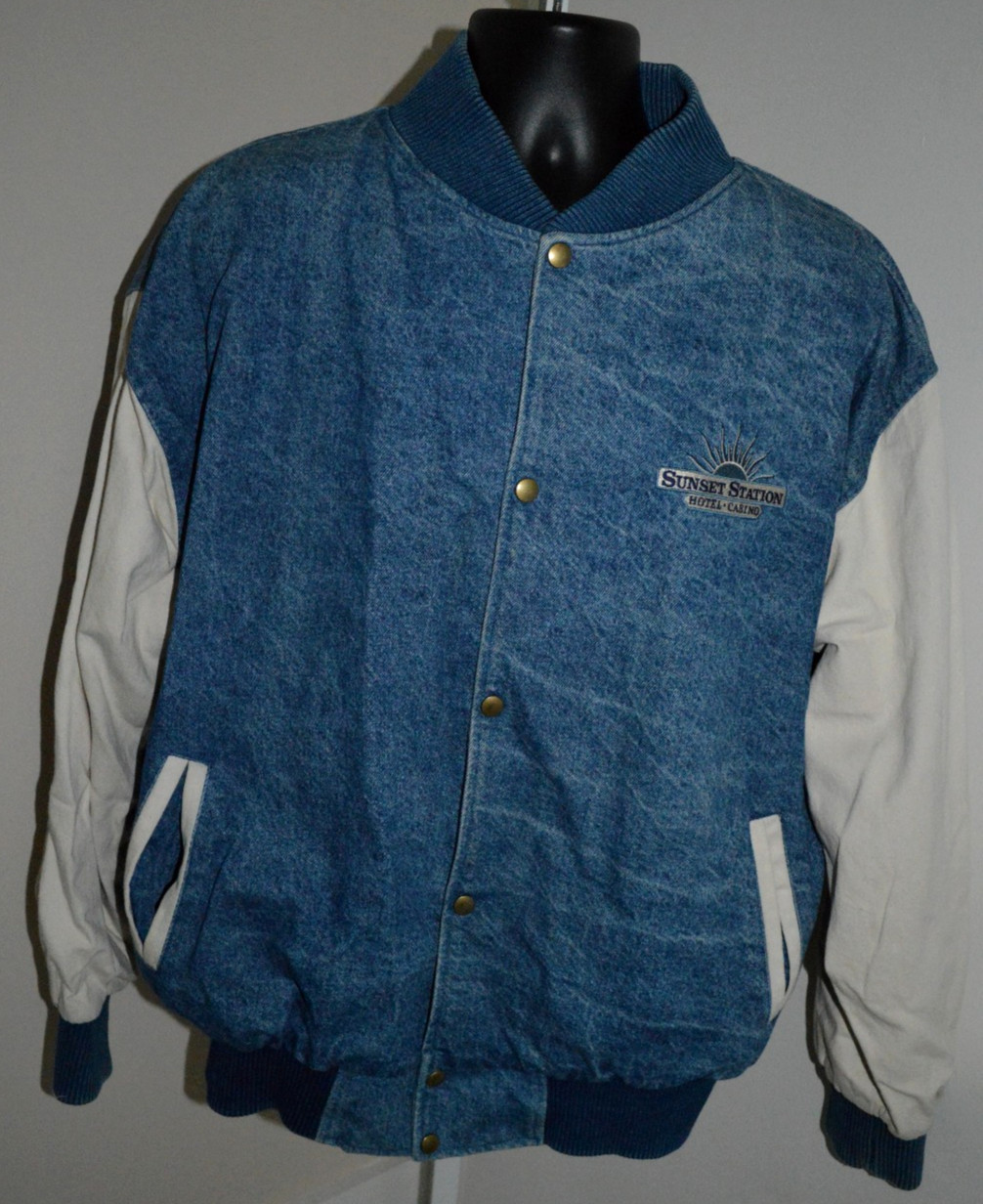 VTG VARSITY DENIM JACKET JEAN BOMBER Y2K MENS 2XL SUNSET STATION CASINO VGC