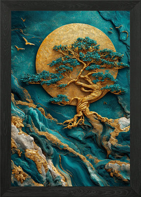 Goldener Baum und türkis Landschaft Kunst gerahmtes Wandbild Poster Leinwanddruck Bild