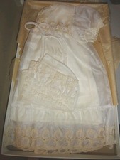 Vintage Little Folks White w/ Beige Lace Christening Dress, slip and Bib NOS