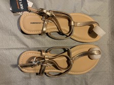 Women s Gold-Tone T-Strap Flat Sandals Thong Ankle Strap Embellished