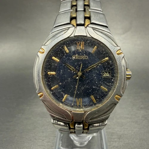 Seiko Watch Men 37mm Blue Dial Two Tone Date Round 7N42-6C10 New Battery VTG 56H