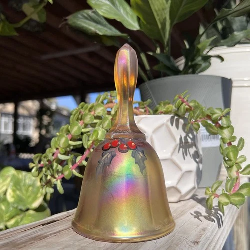 Fenton | Iridescent Carnival Glass Bell | Hand Painted Holly Berries | S. Allman