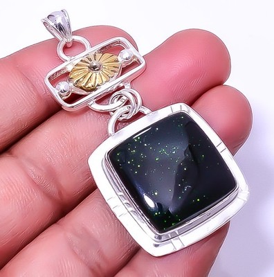 Green Sunstone 925 Sterling Silver Two Tone Pendant 2.34'' A360