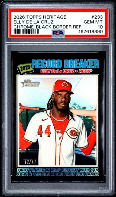 ELLY DE LA CRUZ 2026 TOPPS HERITAGE BLACK REFRACTOR 12/77 #233 GRADED PSA 10