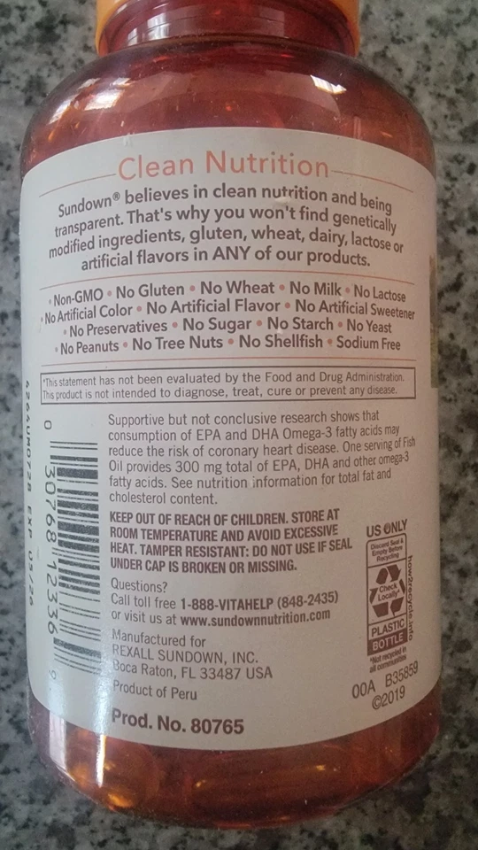 1 aceite de pescado Sundown 1000 mg / 300 mg Omega 3 corazón y gel blando circulatorio 144 Foto 3 de 4