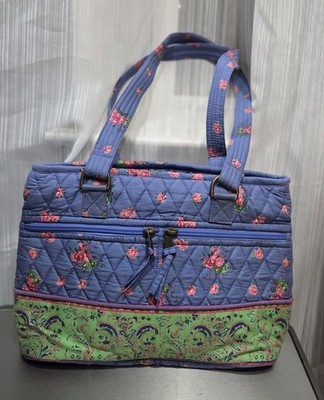 TEN BEARS Double Handle Blue/Green Floral Vintage Quilted Purse YKK