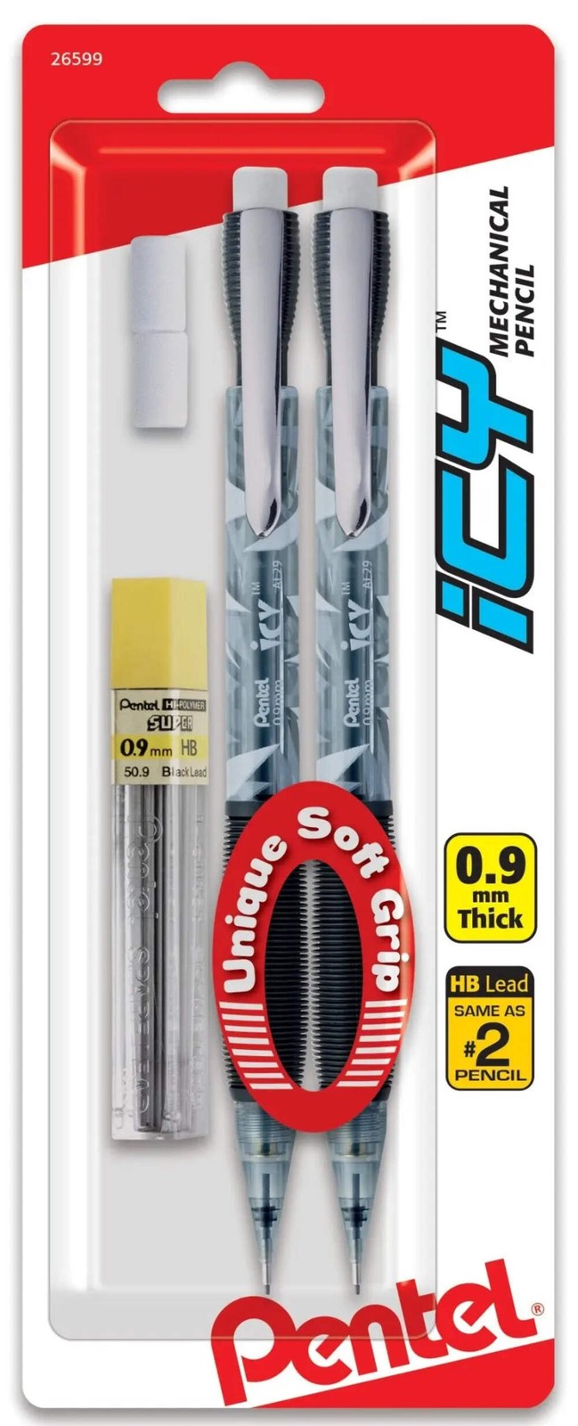 Pentel ICY Mechanical Pencil, 0.9mm, Assorted Barrels with Lead and 2 Eraser Ref