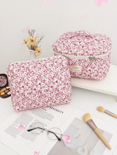1pc/set Pink Quilted Makeup Bag, Handheld Makeup Bag, Cute Travel Toiletry Bag w