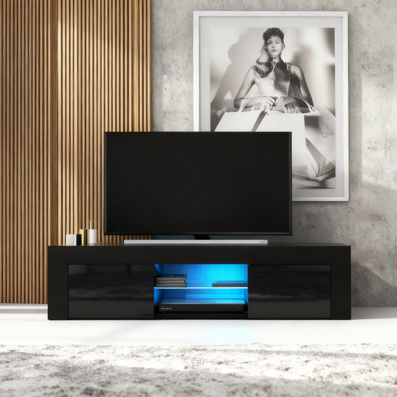 TV Unit Sideboard Cabinet TV Stand Black Gloss LED Glass Media Storage 130cm
