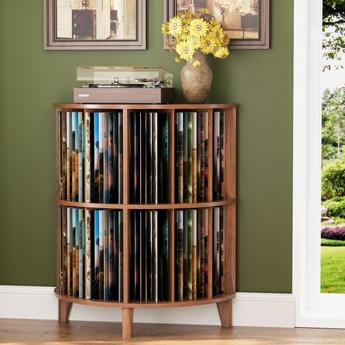 Half Round Vinyl Record Storage Turntable Stand Walnut Mid-Century 120 Records