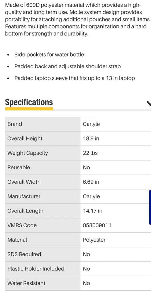 Carlyle Napa TBBPSO Special OPS Hand Tools Backpack Black Camo Work Mechanic NEW - Image 4 of 4