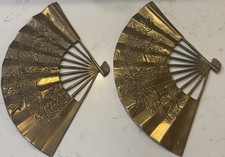 Vtg Pair Heavy Brass Asian /Oriental Style Hand Fans Raised Dragon Wall Decor