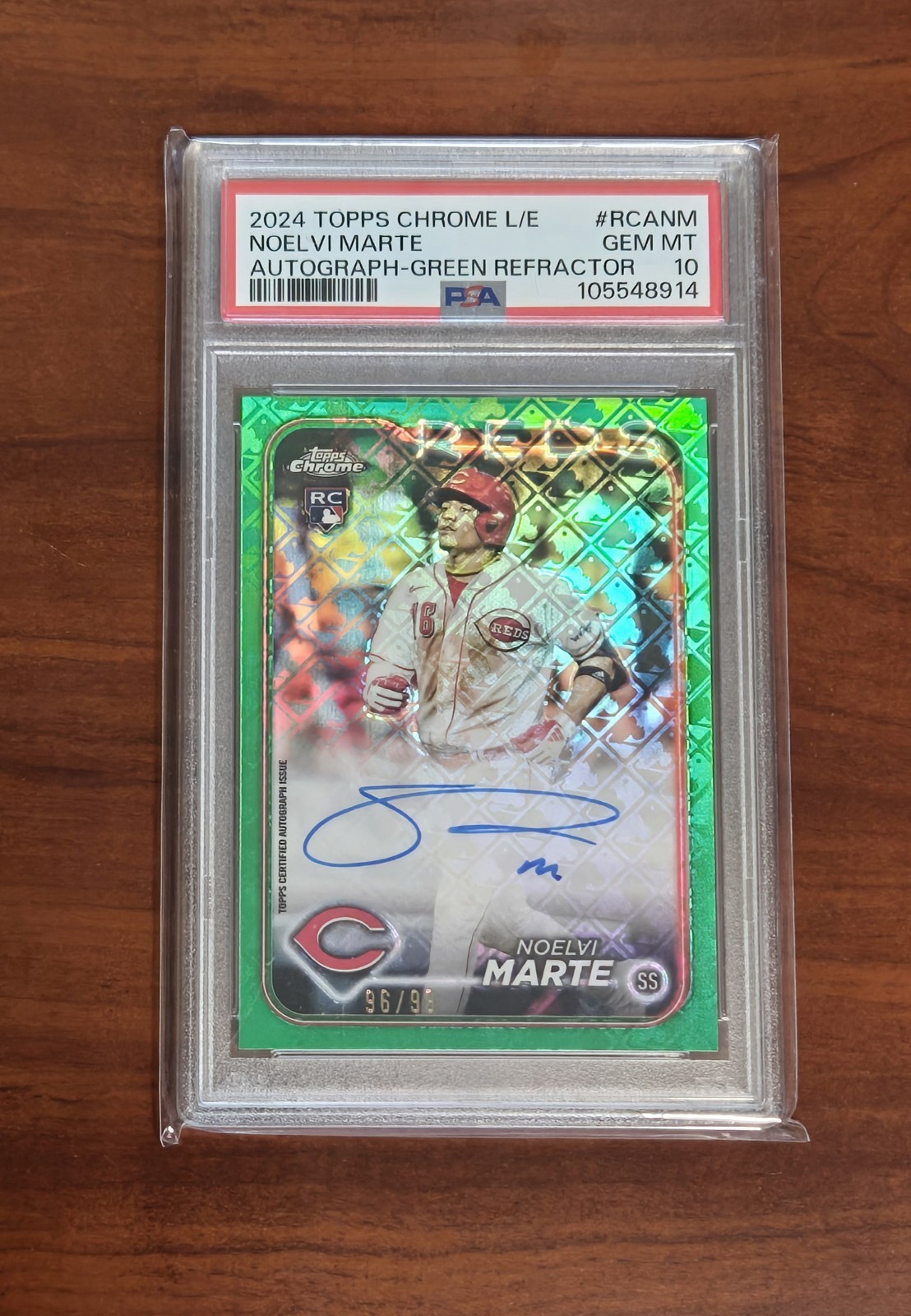 Noelvi Marte 2024 Topps Chrome Logofractor Green Refractor Auto RC 96/99 PSA 10