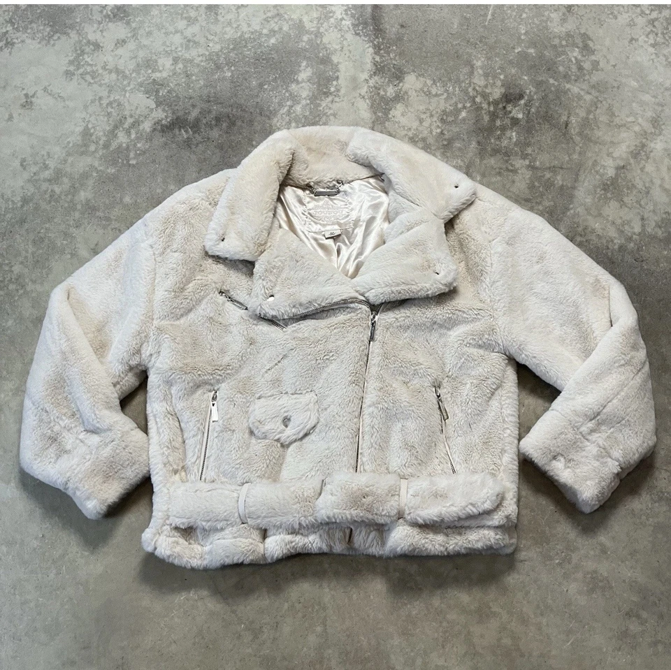 Joujou Faux Fur Jacket Womens Medium Ivory Belted Moto Boho Chic - Image 2 of 4