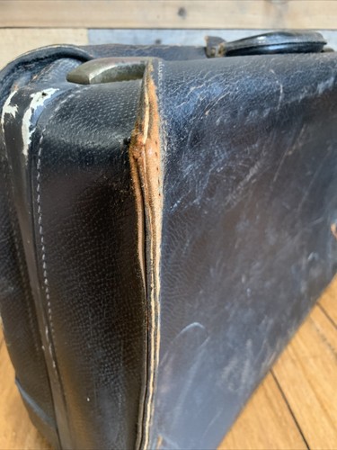 Vintage 1920s Black Leather Suitcase Travel Train Case Luggage Straps Antique - Picture 10 of 21
