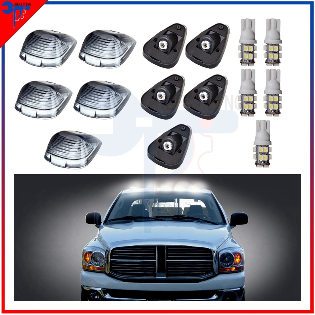 5pc Smoke Cab Roof Running Marker Light Covers with White LED for 99-16 Ford Trucks  