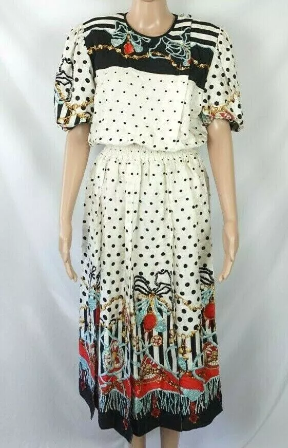 Vintage 80’s Diane Freis Original Polka Dot Black White Jeweled 100% Silk  Dress