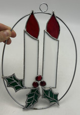 Vintage Christmas Suncatcher Stained Glass Candles Holly Berries