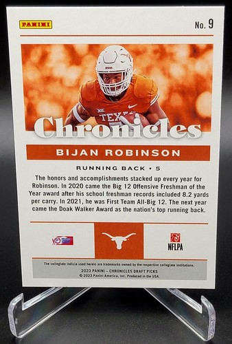 Selecciones del draft de Panini Chronicles 2023 Bijan Robinson Atlanta Falcons novato #9 - Imagen 2 de 2