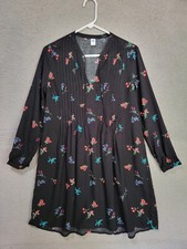 Old Navy Black Floral Dress XS Pintuck Pleated Long Sleeve Knee Length Shift
