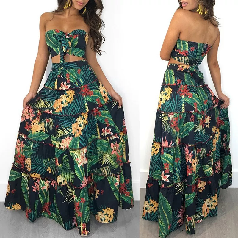 Womens 2 Piece Bandeau Crop Tops Long Skirt Co Ord Set Boho