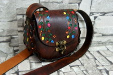 DAMEN ECHT LEDER SCHULTER TASCHE HANDMADE DUNKELBRAUN BLÜTEN BOHEMIAN