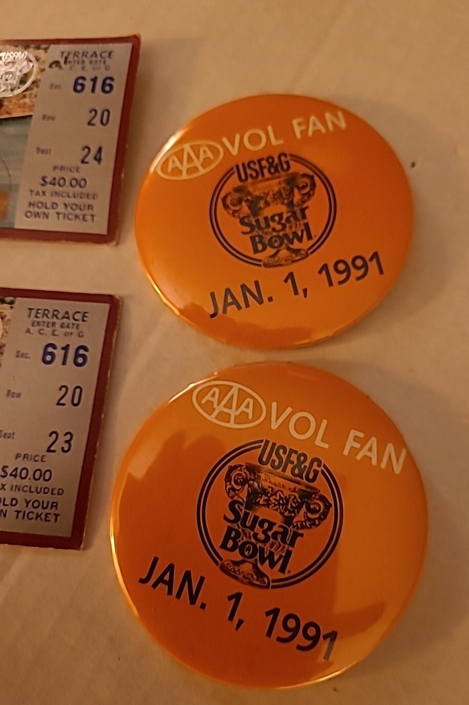 1991 Sugar Bowl Tickets 1/1/91 Virginia Cavaliers Tennessee Volunteers PLUS PINS eBay