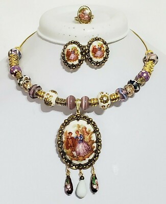 Hand Painted Silk Fragonard Vintage Cameo Necklace Earrings Ring One of a Kind