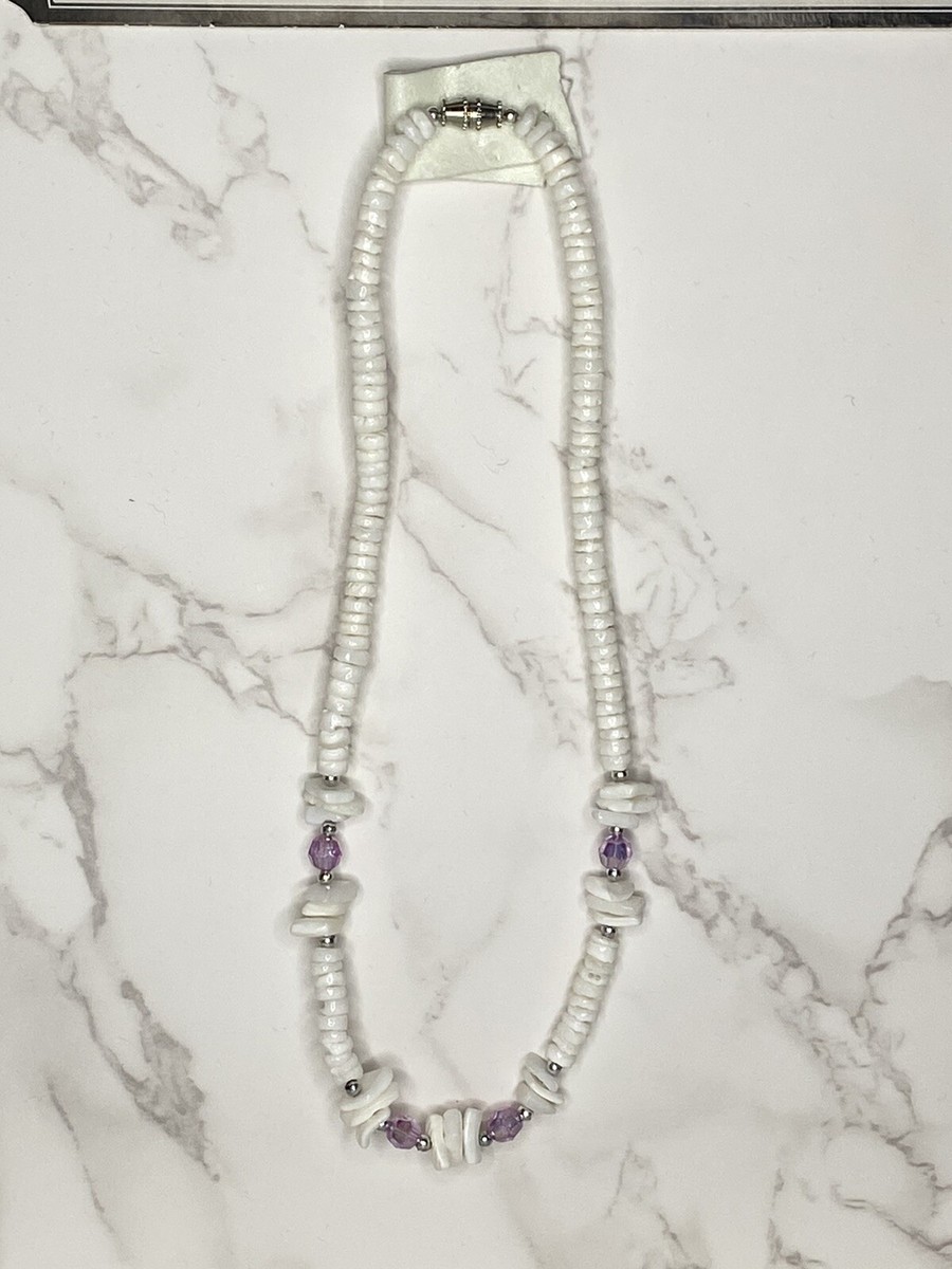 Vintage 1980's Puka Shell Necklace w/ Purple Clear Beads in long