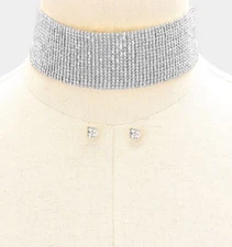 Clear Silver Choker Crystal Rhinestone Bridal  Necklace Jewelry Stud Set Earring