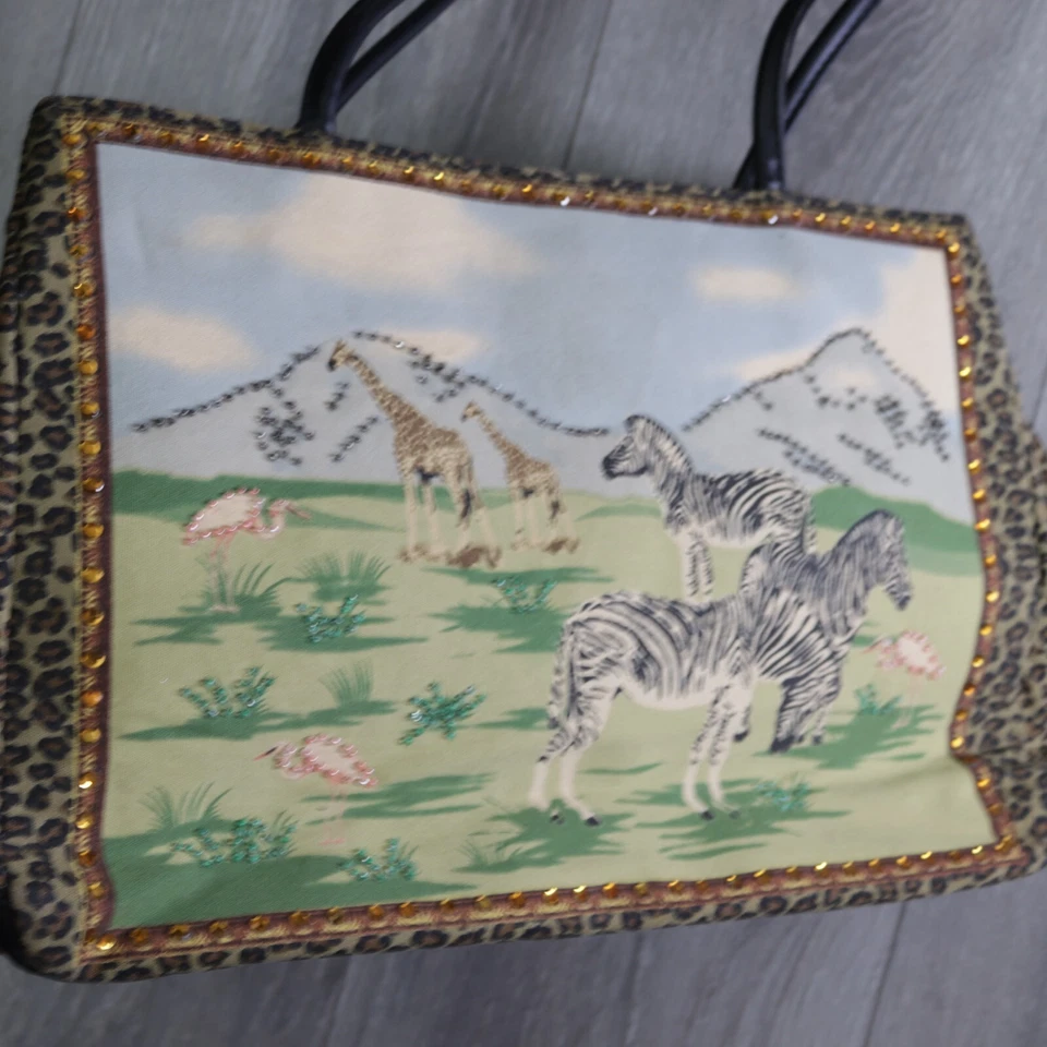 St Johns Bay Tote Handbag Brown Nylon Jungle Animals Beaded Purse Shoulder Bag Foto 4 de 4