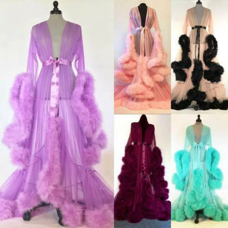 Faux Fur Lace Wedding Robes For Women Mesh Long Sleeve Party