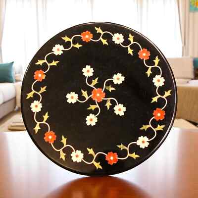 15'' Round Black Marble Handmade Coffee Table Top Floral Multi Stone Handmade Art