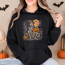 Skeleton Witch Pumpkin Halloween Hoodie Spooky Fall