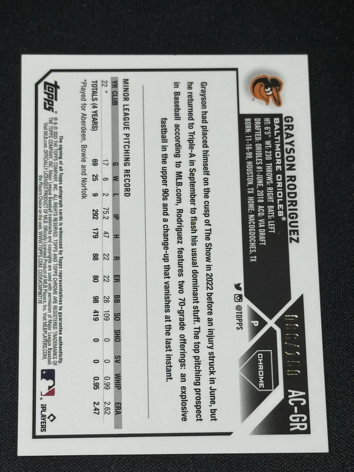 2023 Topps Chrome Grayson Rodriguez Blue /150 Auto RC Orioles Angels - Image 2 of 2