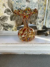BEAUTIFUL MURANO MILLEFIORI TULIP RUFFLED EDGE ART GLASS 6" VASE