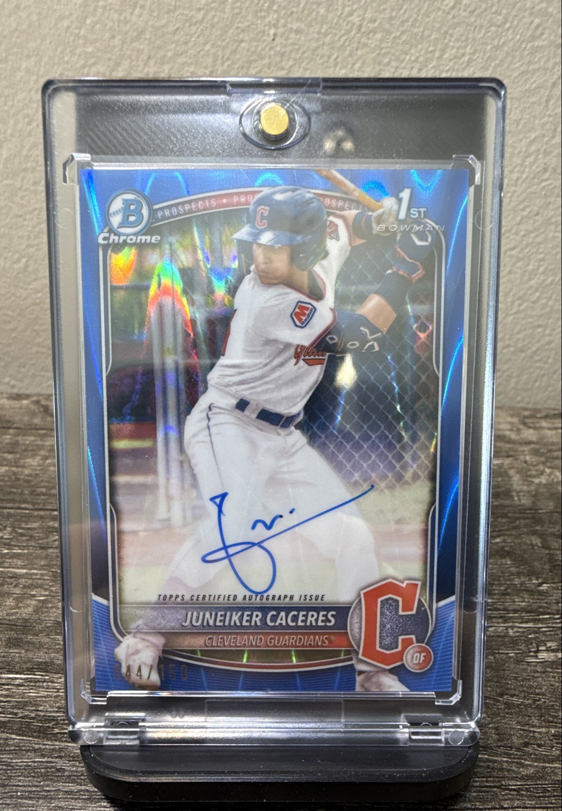 2025 Bowman Chrome Juneiker Caceres 1st Auto Blue Raywave /150 Refractor