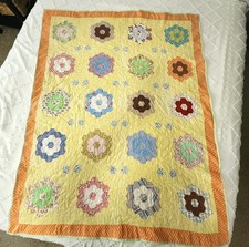 Vintage 1970s Handmade Grandmother's Flower Garden Quilt 41x52 Yellow Handmade
