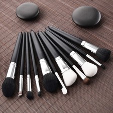 11 Pcs Goat Hair Makeup Brush Set For Liquid Cream Powder With Wooden Handle
